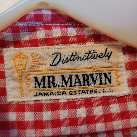 Vintage Red White Check Button Up Shirt Collar Mr Marvin Jamaica Estates Medium - Picture 2 of 6